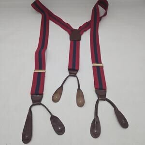 Vintage CAS GERMANY Red Blue Stripe Suspenders Braces Leather Fittings Adjust